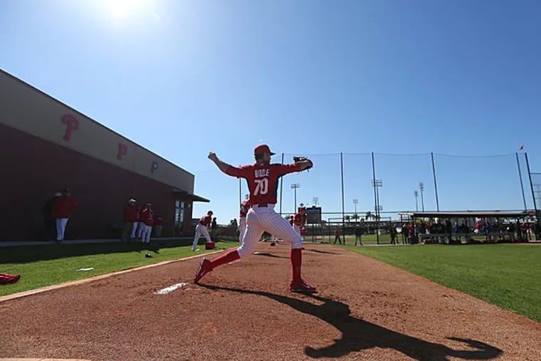 Jesse Biddle throws at Bright House Field in Clearwater Florida for Spring Training February 19, 2015. (David Swanson/Staff Photographer)
