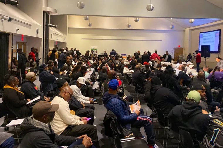 About 400 people - mostly black men - gathered at Community College of Philadelphia Monday, Nov. 18, 2019 in response to a call out by Inquirer columnist Solomon Jones to express concern about gun violence.