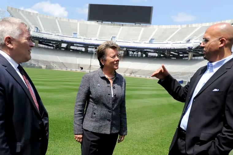 Penn State athletic director Sandy Barbour with president Eric Barron (left) and football coach James Franklin at Beaver Stadium.