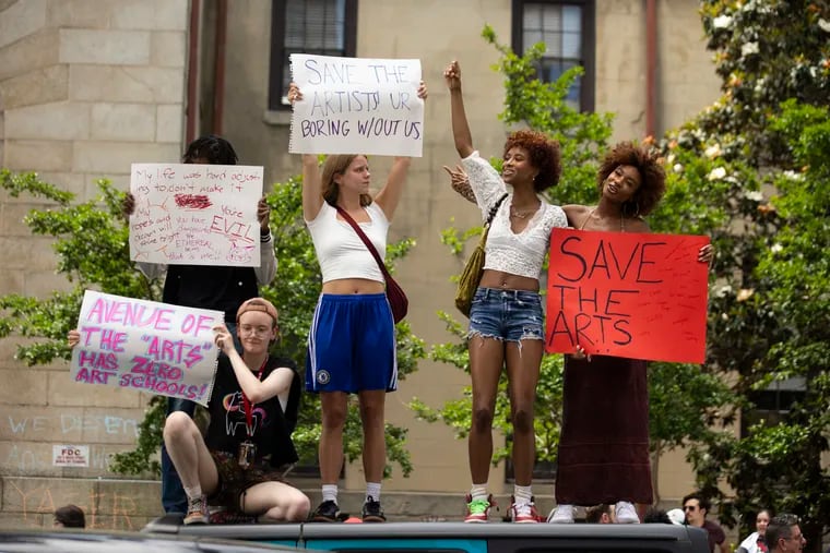 Hundreds of University of the Arts students and supporters gathered in protest outside of Hamilton Hall in Philadelphia on Monday, June 3, 2024. The school announced abruptly on May 31 that it would be closing.