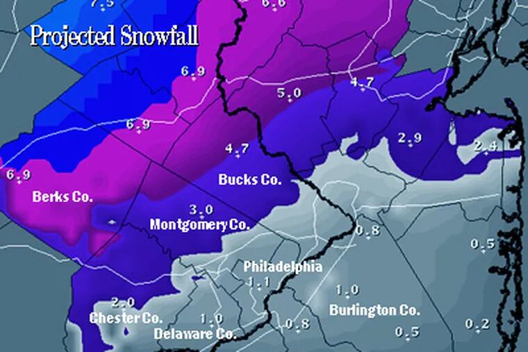Wednesday morning could bring one to several inches of snow to Philadelphia and its suburban counties. (National Weather Service)