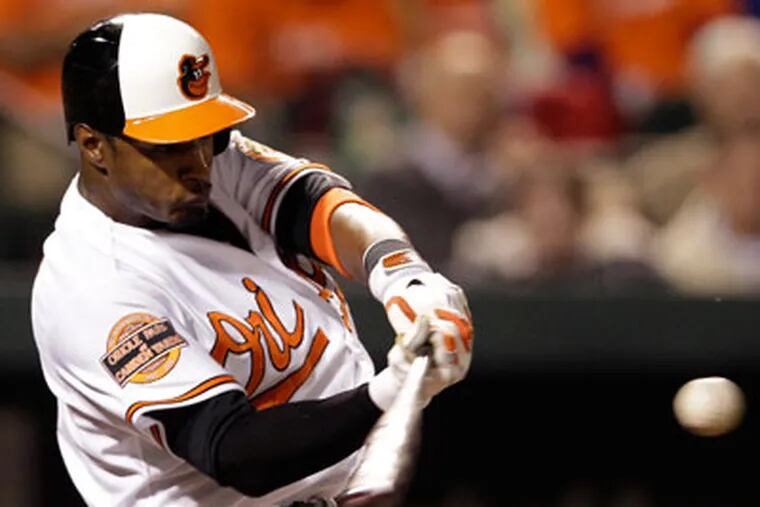 Baltimore Orioles' Adam Jones hits a solo home run in the eighth
inning of a baseball game against the Toronto Blue Jays in Baltimore,
Thursday, April 26, 2012. Baltimore won 5-2. (AP Photo/Patrick
Semansky)