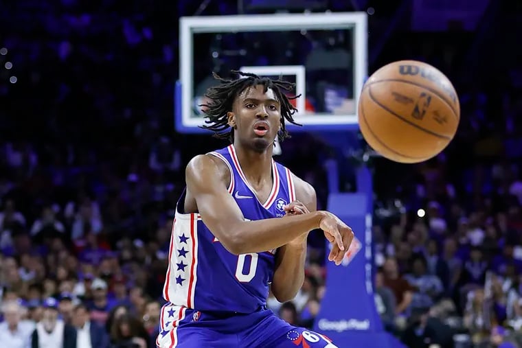Sixers guard Tyrese Maxey passes the ball during the playoff series against the Miami Heat.