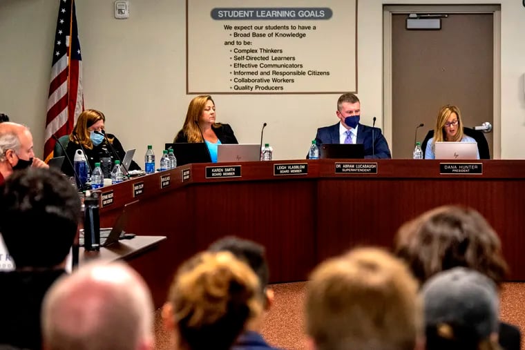 President Dana Hunter (right) speaks as the Central Bucks School Board meets Dec. 6. Next to her is superintendent of schools Abram Lucabaugh. The board removed a requirement for elementary school students to wear masks during its meeting, and this week joined a number of Bucks County districts that are mask-optional following the end of the state mandate.