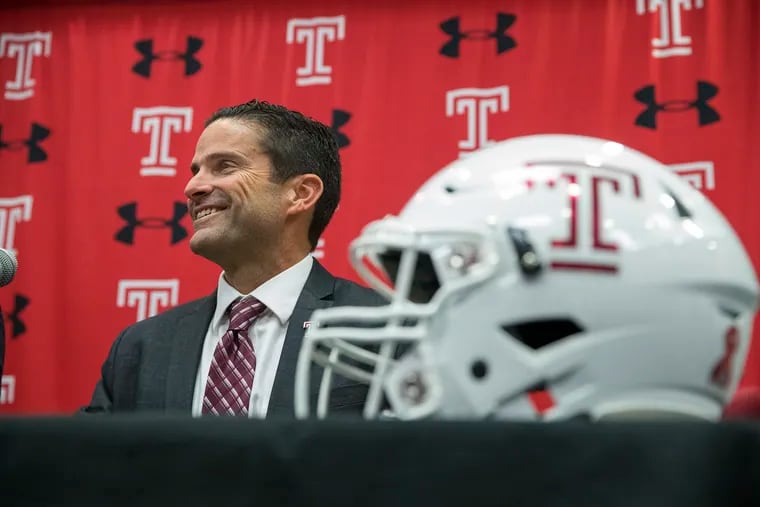 Temple University announced the hiring of Manny Diaz, right, as their new football coach. Diaz answers questions during a press conference at the Liacouras Center on Dec. 13, 2018.    CHARLES FOX / Staff Photographer