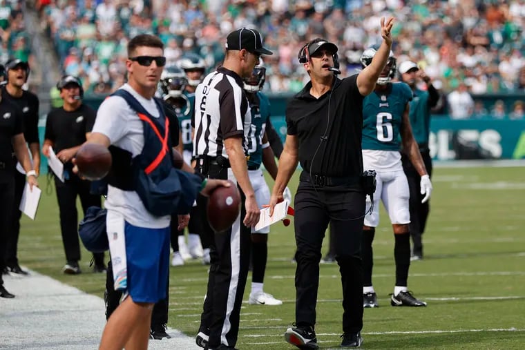 Philadelphia Eagles head coach Nick Sirianni reacts to Philadelphia Eagles tight end Zach Ertz (86) touchdown not counting Sunday, October 3, 2021 at Lincoln Financial Field in Philadelphia.