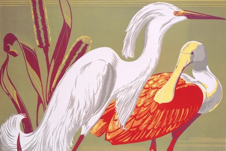 An egret and spoonbill were featured on a “Visit the Zoo” poster (circa 1933-1941) produced by the Works Projects Administration.