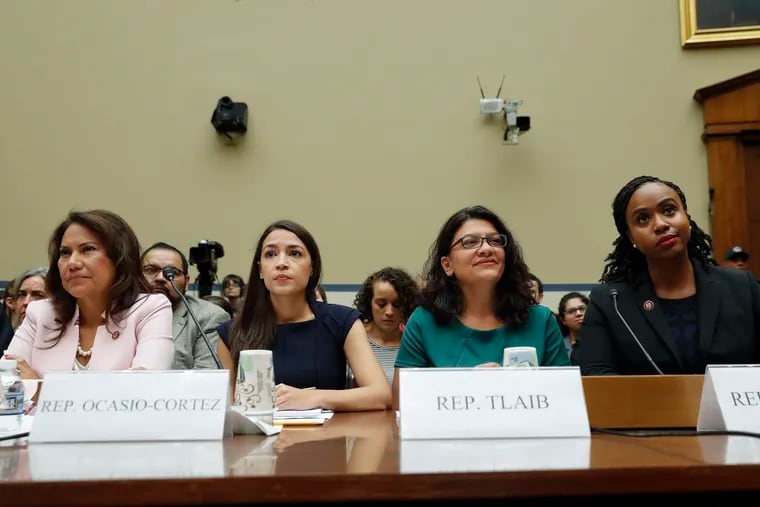 From l-r., Rep. Veronica Escobar, D-Texas, Rep. Alexandria Ocasio-Cortez, D-NY., Rep. Rashida Tlaib, D-Mich., and Rep. Ayanna Pressley, D-Mass., take their seats to testify before the House Oversight Committee hearing on family separation and detention centers, Friday, July 12, 2019 on Capitol Hill in Washington.