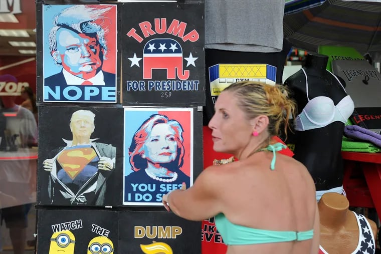 Political T-shirts for sale on the boardwalk in Wildwood. Donald Trump items are selling better than Hillary Clinton ones, say shop owners.