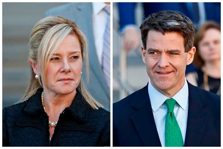 FILE – This combination of March 29, 2017, file photos shows Bridget Kelly, left, leaving federal court after sentencing and Bill Baroni leaving federal court after sentencing in Newark, N.J. The U.S. Supreme Court has set a date for when it will consider whether to hear the appeal of both convicted "Bridgegate" defendants. (AP Photos/Julio Cortez, File)