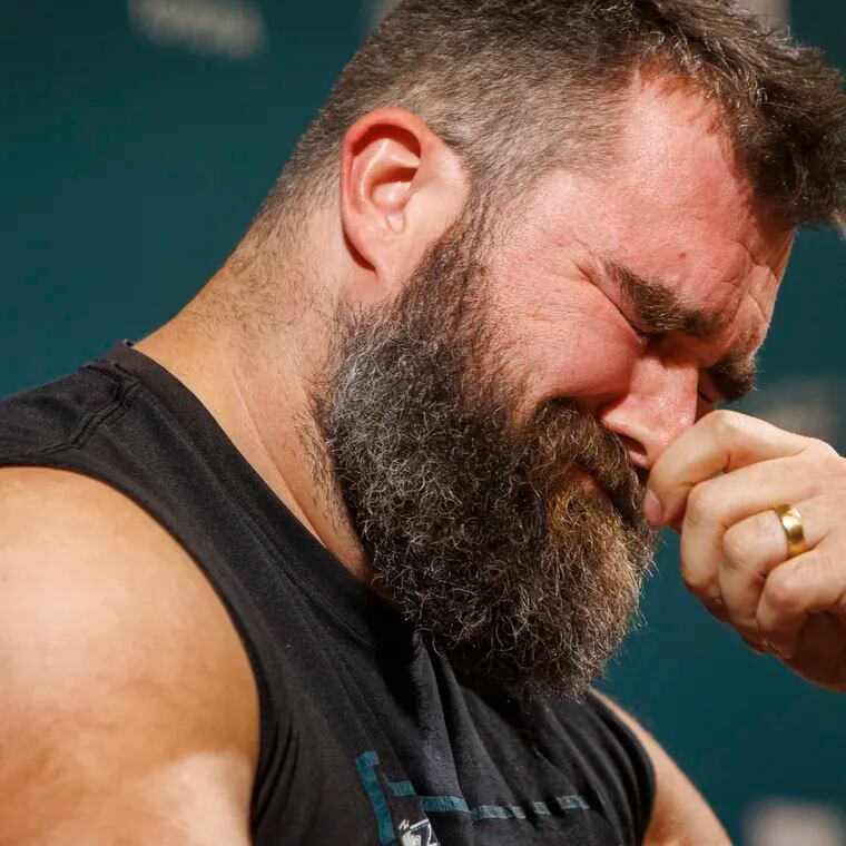 Eagle center Jason Kelce wipes away tears as he announces his retirement at the NovaCare Complex on Monday.