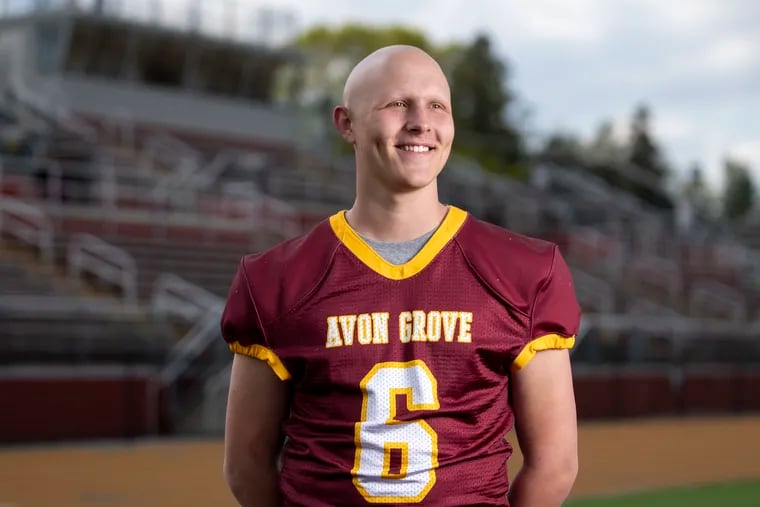 Gavin Picard at the Avon Grove High football field in West Grove on April 24. He hopes to return to playing football in the fall for his senior year.