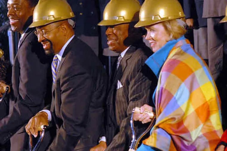 At top, a rendering of the museum. Above, at the groundbreaking are (from left) Councilman Darrell Clarke; Mayor Nutter; Bernard C. Watson, of the Barnes Foundation; and Judge Marjorie Rendell.
