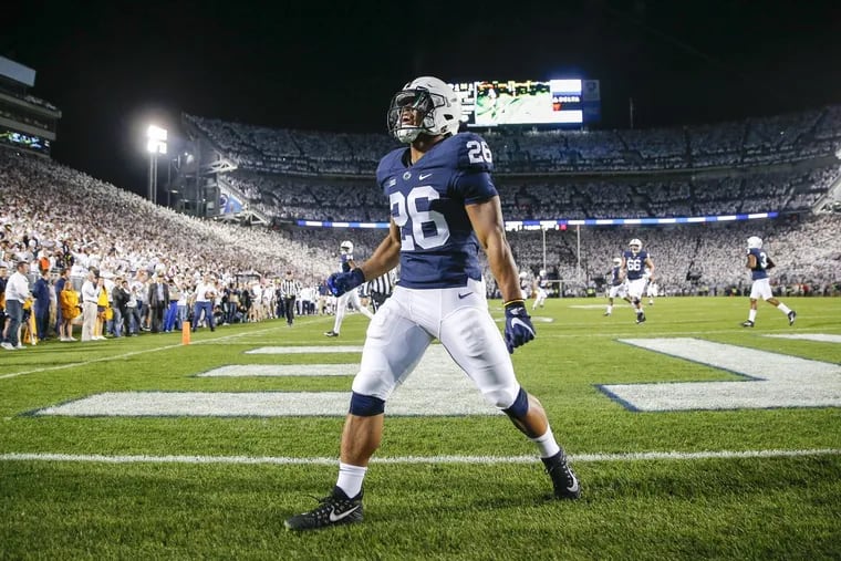Penn State running back Saquon Barkley after running for a first-quarter touchdown against Michigan on Saturday, October 21, 2017 in University Park, Pa.