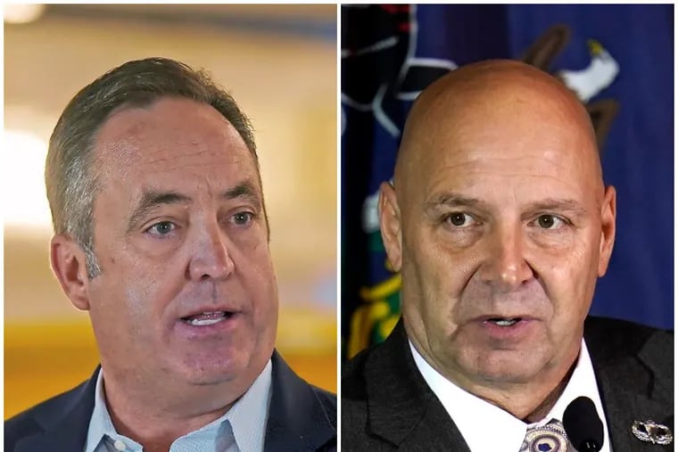 Pennsylvania state Senate leader Jake Corman, left, and fellow Republican state Sen. Doug Mastriano, both Republican candidates for governor. Corman is coming to a primary debate Tuesday, but Mastriano and other top-tier candidates aren't.