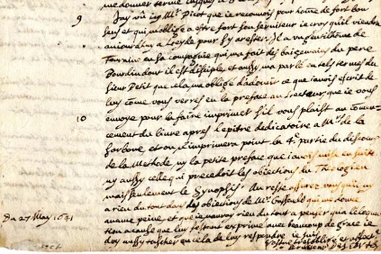 A detail of the letter by Rene Descartes that was stolen in the 1800s by a corrupt library official named Guglielmo Libri.
