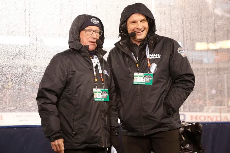 NBC hockey announcers Mike Emrick (left) and Eddie Olczyk before the Flyers play the Pittsburgh Penguins in a Stadium Series game at Lincoln Financial Field on Saturday, February 23, 2019.