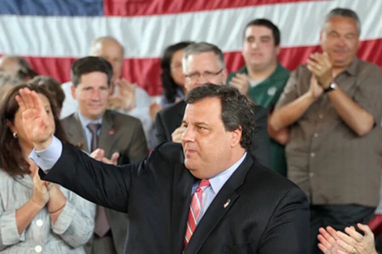 Gov. Christie arrives at the National Guard Armory on Route 33 for a Town Hall meeting Tuesday, May 8, 2012 in Freehold, N.J. (AP Photo/The Asbury Park Press, Thomas P. Costello)