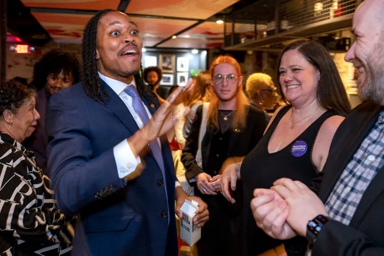 State Rep. Malcolm Kenyatta, Democratic candidate for auditor general arrives at his election night party at the Divine Lorraine Hotel Tuesday, Apr. 23, 2024.