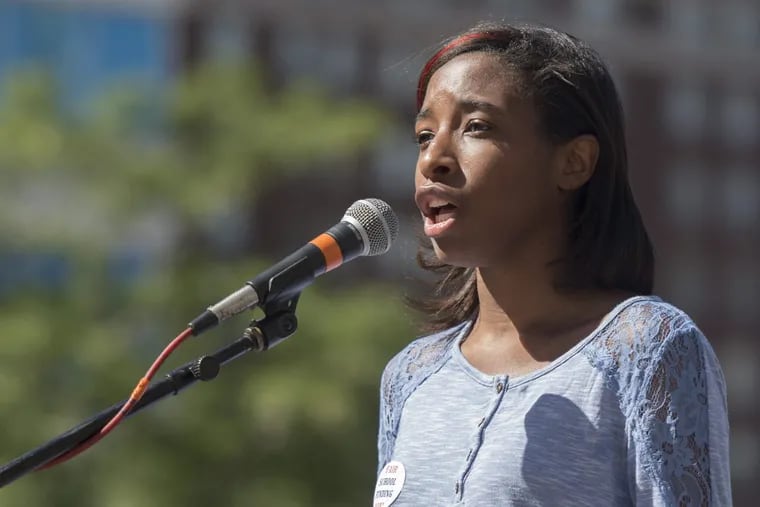 Jameira Miller, of Penn Wood High School, speaks at the Sing-in For Schools concert in Dilworth Park September 12, 2016. She’ll be featured in the documentary ‘Without a Net.’