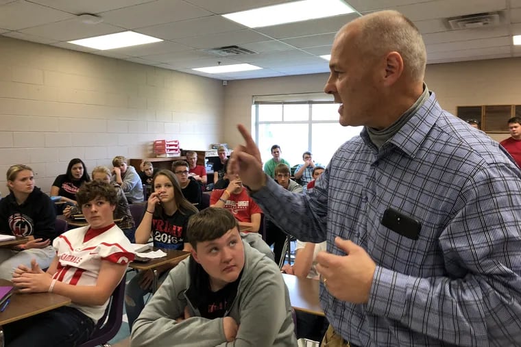 Pete Stauber, a Republican running for Congress in Minnesota's 8th Congressional district, speaks to a 9th grade class at the Cromwell-Wright public school in Cromwell, Minn. on Oct. 12, 2018. The race is one of the most competitive rural contests in the country.