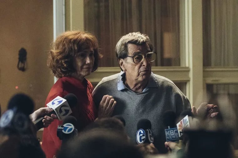 In this image released by HBO, Kathy Baker, left, and Al Pacino portray Sue and Joe Paterno in a scene from &quot;Paterno,&quot; a film about the late Penn State football coach. HBO says the film will focus on Paterno dealing with the fallout from the child sex abuse scandal involving his former assistant coach Jerry Sandusky. The all-time winningest coach in major college football history was fired days after Sandusky's Nov. 2011 arrest and died two months later at the age of 85.
