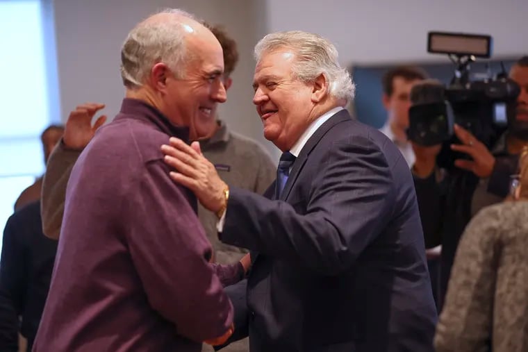 Sen. Bob Casey (D., Pa.) greets Bob Brady after his campaign rally at the Laborers Training Center in Philadelphia in January. Casey, the Democrat who has represented Pennsylvania in the U.S. Senate since 2007, will face Republican Dave McCormick in November as he seeks reelection.