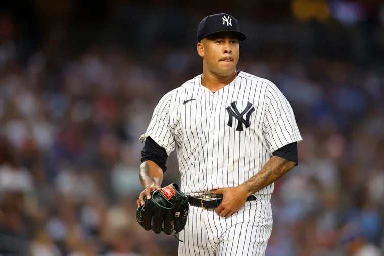 Action Network Use Only - NEW YORK, NEW YORK - AUGUST 18: Frankie Montas #47 of the New York Yankees reacts in the second inning against the Toronto Blue Jays at Yankee Stadium on August 18, 2022 in New York City. (Photo by Mike Stobe/Getty Images)