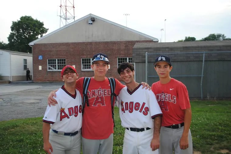 Luke Catania, Chris Newell, Jimmy Catania, and Jake Haus after an Angels game in 2014. Newell and Haus played together at Malvern Prep.