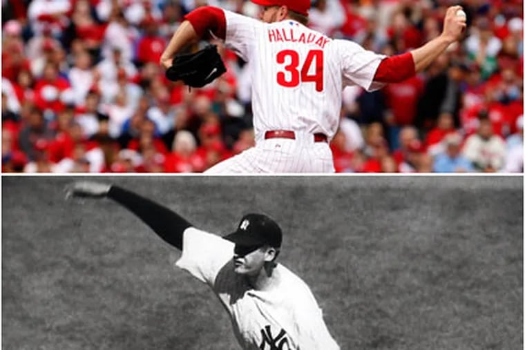 Only the Phillies' Roy Halladay, top, and Don Larsen, bottom, have thrown ho-hitters in the post season. (David Maialetti / Staff, AP)