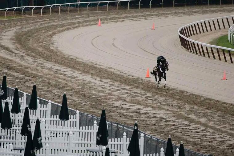 ASSOCIATED PRESS Commanding Curve, second in the Kentucky Derby, takes the fourth turn at Belmont Park during a workout with rider Emerson Chavez.