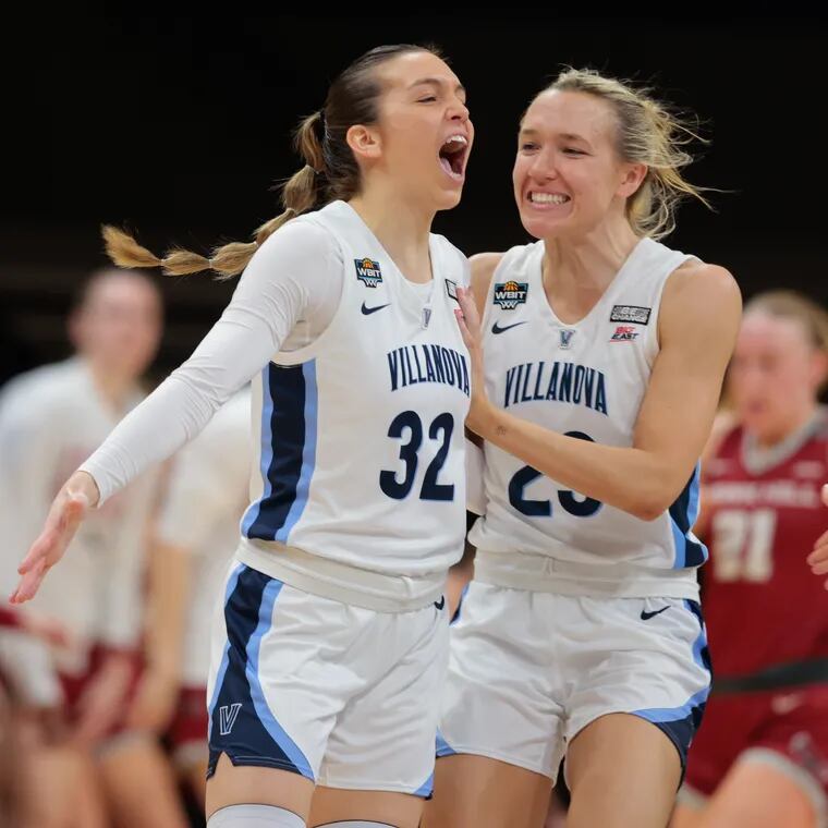Bella Runyan (left) shot a perfect 4-for-4 from the three-point line to help lift the Villanova over St. Joe's in the WBIT quarterfinal matchup.