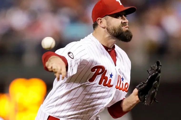 Philadelphia Phillies pitcher Pat Neshek throws against the Milwaukee Brewers on July 21, 2017, at Citizens Bank Park in Philadelphia. Neshek has been placed on the injured list with a shoulder injury. (Yong Kim/Philadelphia Daily News/TNS)