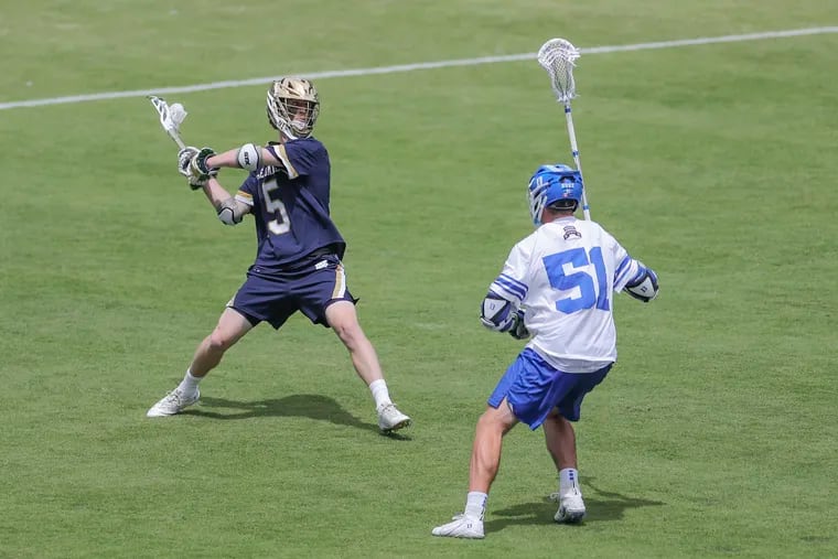 Notre Dame midfielder Quinn McCahon takes a long shot in the second quarter of the men’s lacrosse national championship game against Duke at Lincoln Financial Field.