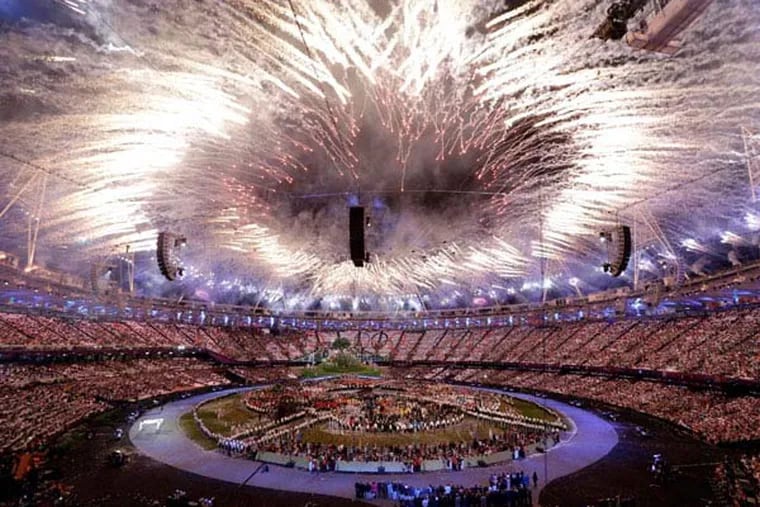 In this Friday, July 27, 2012, file photo, fireworks explode during the Opening Ceremony at the 2012 Summer Olympics, in London. Philadelphia will not pursue a bid for the 2024 Summer Olympics, Mayor Michael Nutter announced on Wednesday. (AP Photo)