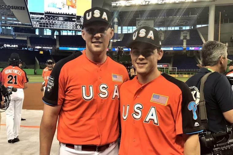 Phillies prospects Rhys Hoskins (left) and Scott Kingery representing the Phillies at the Futures Games in Miami.