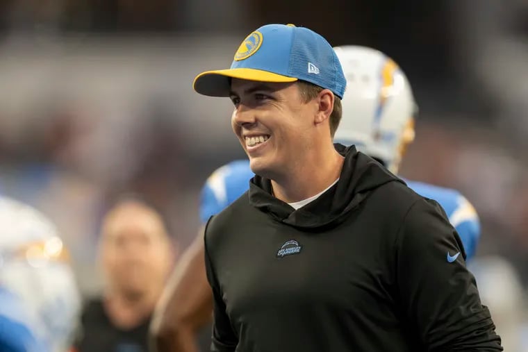 Los Angeles Chargers offensive coordinator Kellen Moore during a game against the Chicago Bears on Oct. 29.