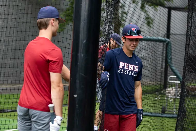Outfielder Ryan Taylor works in the batting cage on May 23 during Penn's practice at Tommy Lasorda Field at Meiklejohn Stadium.