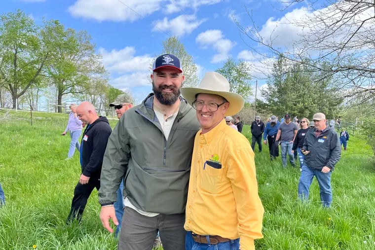 Jason Kelce with Missouri cattle rancher Greg Judy. Kelce attended Judy's grazing school, at Green Pastures Farm, in May 2022.
