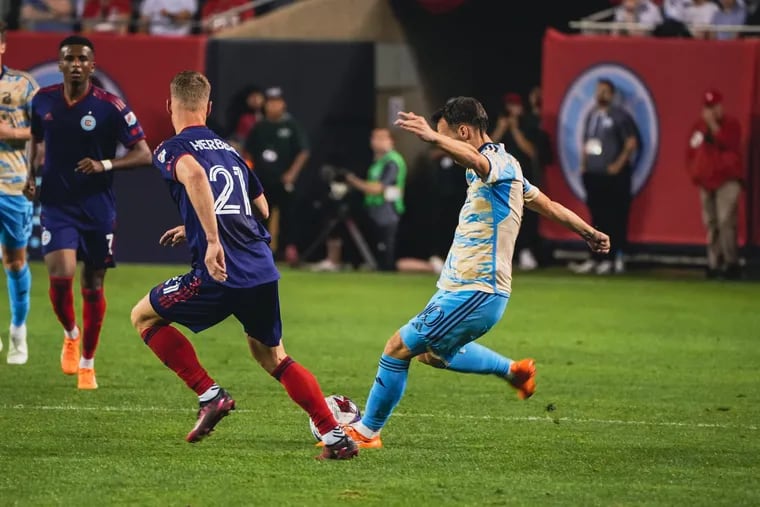 Dániel Gazdag (right) on the ball in front of former Union player Fabian Herbers during Saturday's 2-2 tie at the Chicago Fire.