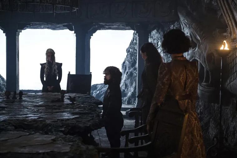 Emilia Clarke, Peter Dinklage, Gemma Whelan, and Indira Varma in a scene from Sunday’s episode of “Game of Thrones”