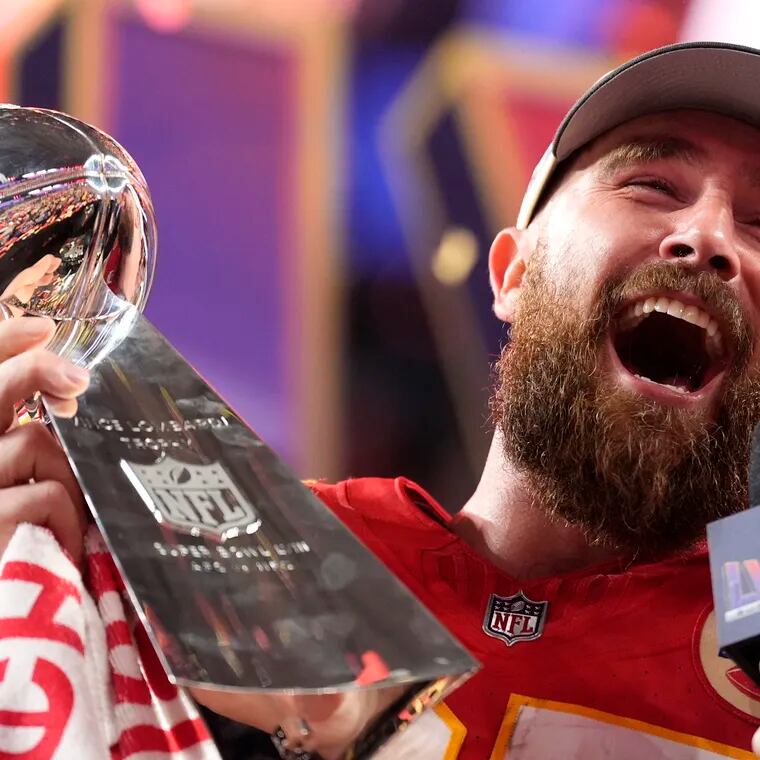 Chiefs tight end Travis Kelce celebrates after beating the 49ers to win Super Bowl LVIII.