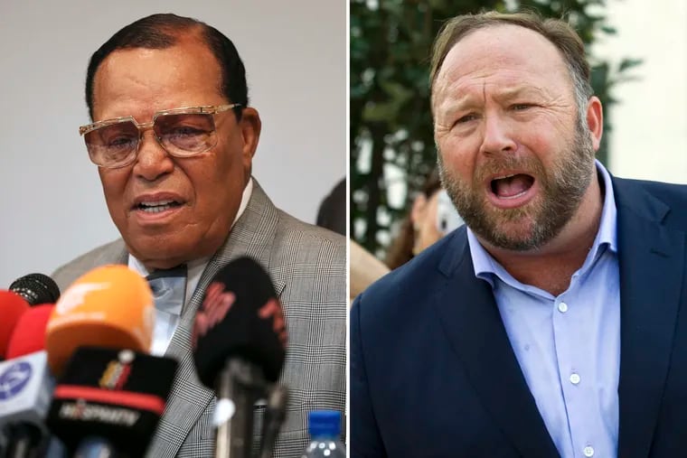 Minister Louis Farrakhan, left, the leader of the Nation of Islam, and radio show host Alex Jones have been banned from Facebook as "dangerous" people.
