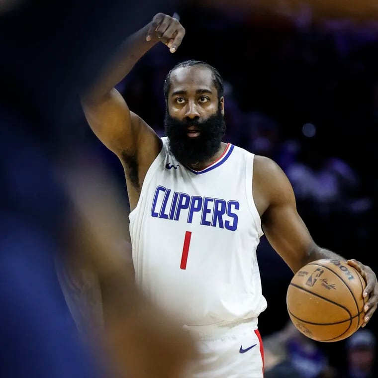 Clippers James Harden moves the ball down court while playing the Sixers during the 1st quarter at the Wells Fargo Center in Philadelphia, Wednesday, March 27, 2024.