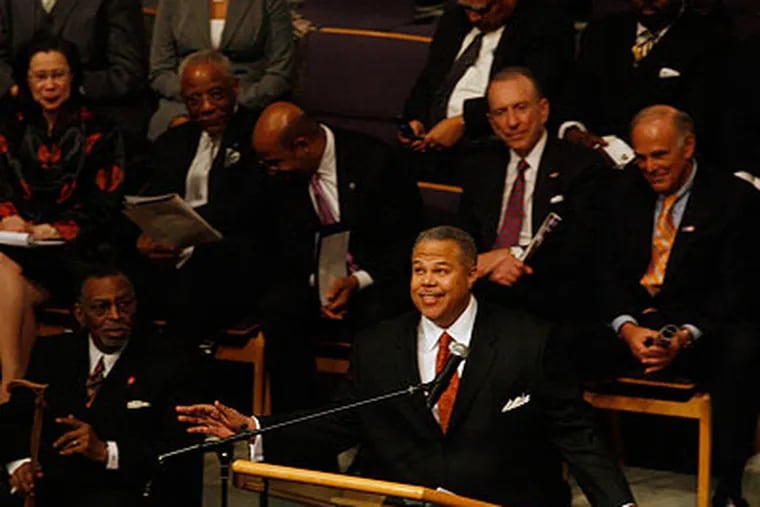 State Sen. Anthony Hardy Williams speaks at his late father's funeral last week in front of Gov. Ed Rendell, U.S. Sen. Arlen Specter and other politicos. Williams announced his candidacy today to replace Rendell. (Alejandro A. Alvarez / Staff Photographer)