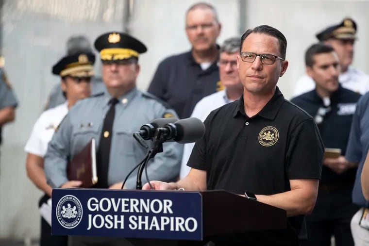 Governor Josh Shapiro at a news conference near the collapsed section of I-95 in June. He negotiated this month to end a state budget impasse.