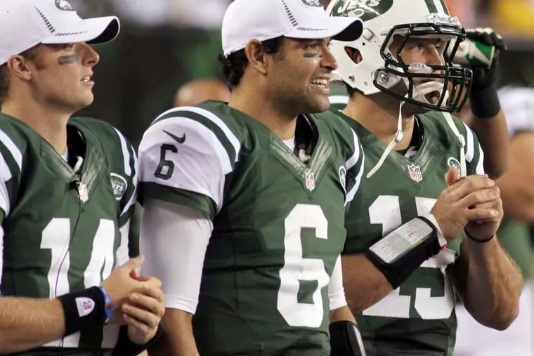 ASSOCIATED PRESS Mark Sanchez, flanked by fellow Jets QBs Greg McElroy and Tim Tebow, hasn't been productive for his team or fantasy owners.