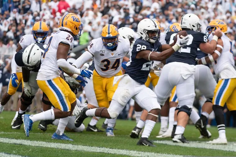 Penn State running back Devyn Ford (28) scores a touchdown in the first quarter of an NCAA college football game against Pittsburgh in State College, Pa., Saturday, Sept. 14, 2019. (AP Photo/Barry Reeger)