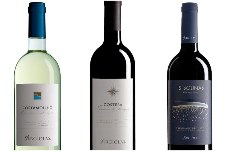 Three Sardinian wines from Argiolas show a range or native grapes and price points, including Costamolino vermentino (left), Costera cannoneau (center) and Is Solinas carignano.