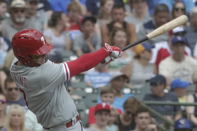 Phillies Rhys Hoskins homers against the Brewers on Saturday. It was the hardest home run of his life.